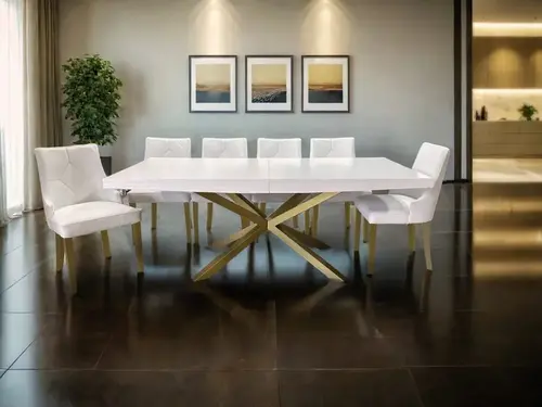 Stół SJ50 180/90 Gold + 6 krzeseł KW100 skóra naturalna - 1