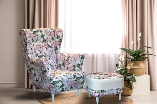 Elegancki Fotel Uszak L bez przeszyć + podnóżek w kwiaty tkanina Premium - 1