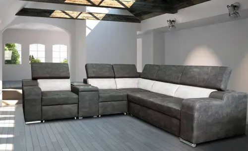 Narożnik ZEUS I 290/280 cm z fotelem, uchwyty na kubki, p. pod laptop, 2x schowek - 1