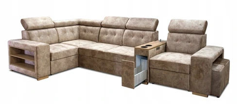 Narożnik rozkładany, kanapa narożna 350/210 cm Leon z pufami, Relaxem elektrycznym oraz barek - 3