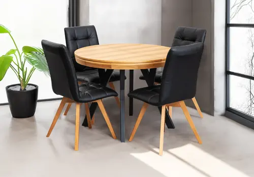 Zestaw mebli: stół okrągły fi 100cm rozkładany Loft III + 4 krzesła krzesła Kw110 w skórze - 1