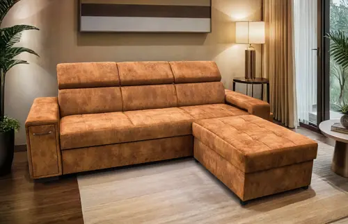 Nowoczesna Sofa KIRA, funkcja spania z pufą, 2 x pufy pod podłokietnikiem, ruchome zagłówki + barek - 1