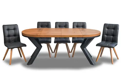 Stół loft X fi 100 + 2 x 50 cm + 6 krzeseł KW110 skóra naturalna - 2