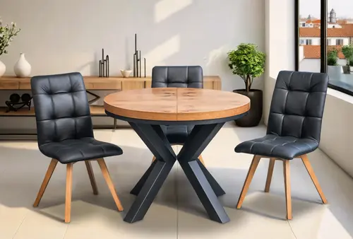 Stół loft X fi 100 + 2 x 50 cm + 6 krzeseł KW110 skóra naturalna - 1