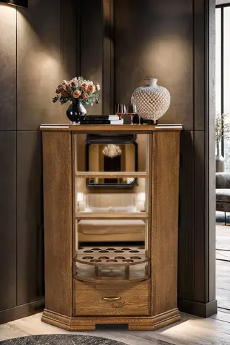 Barek dwustronny – półki + ukryty strefa z półkami, uchwytami na butelki i lustrem - 1