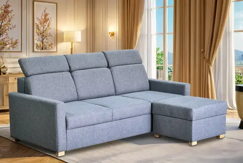 Sofa korynt 220 cm, funkcja spania, regulowane zagłówki + pufa - 1